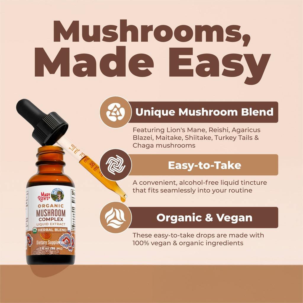 Organic Mushroom Complex Liquid Drops 1oz Great Flavor Better Benefits