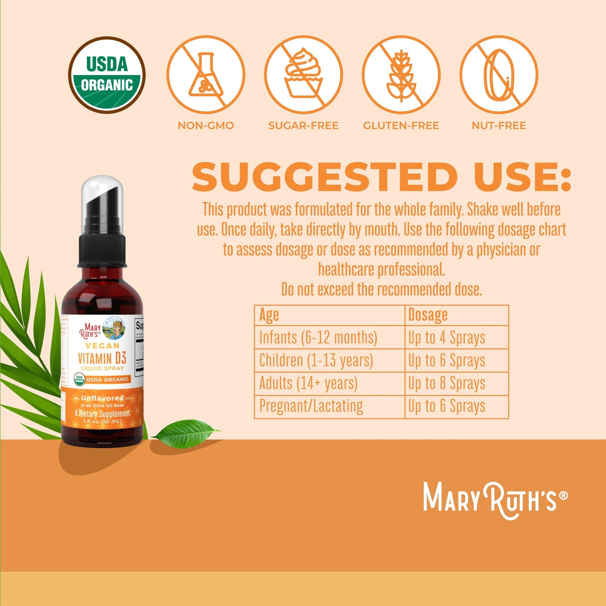 Vegan Vitamin D3 Liquid Spray (Unflavored) 1 oz Suggested Use