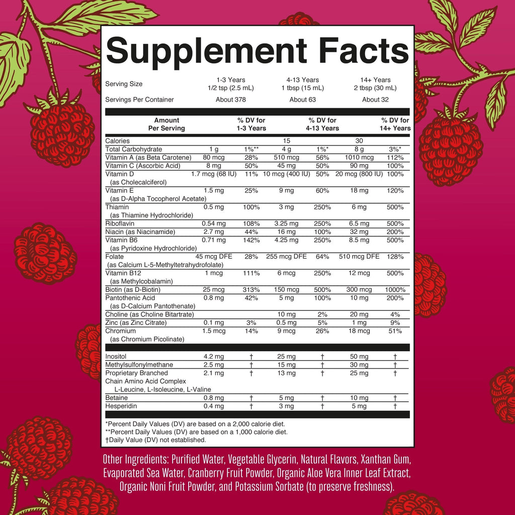 Liquid Morning Multivitamin 32oz Bottle Raspberry Supplement Facts