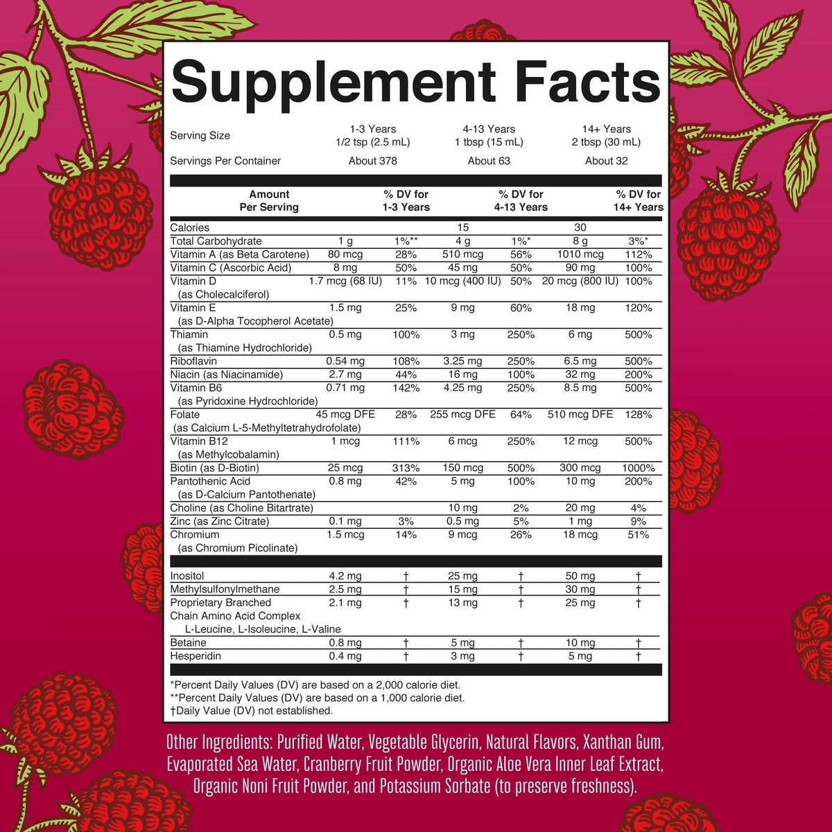 Liquid Morning Multivitamin 32oz Bottle Raspberry Supplement Facts