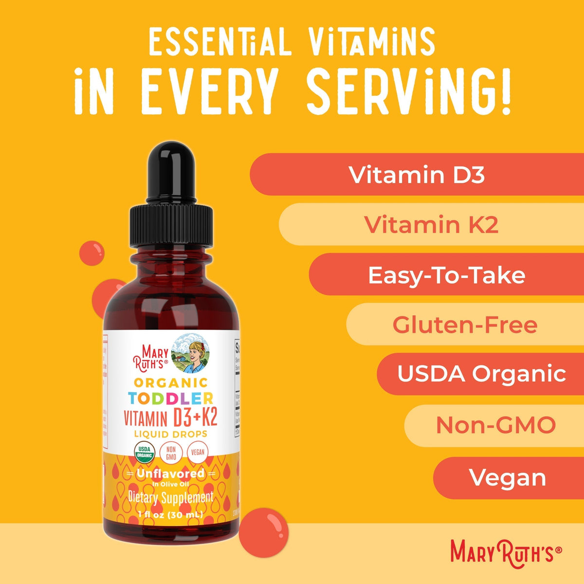 Toddler Vitamin D3+K2 Liquid Drops (Unflavored) 1 oz Ingredients