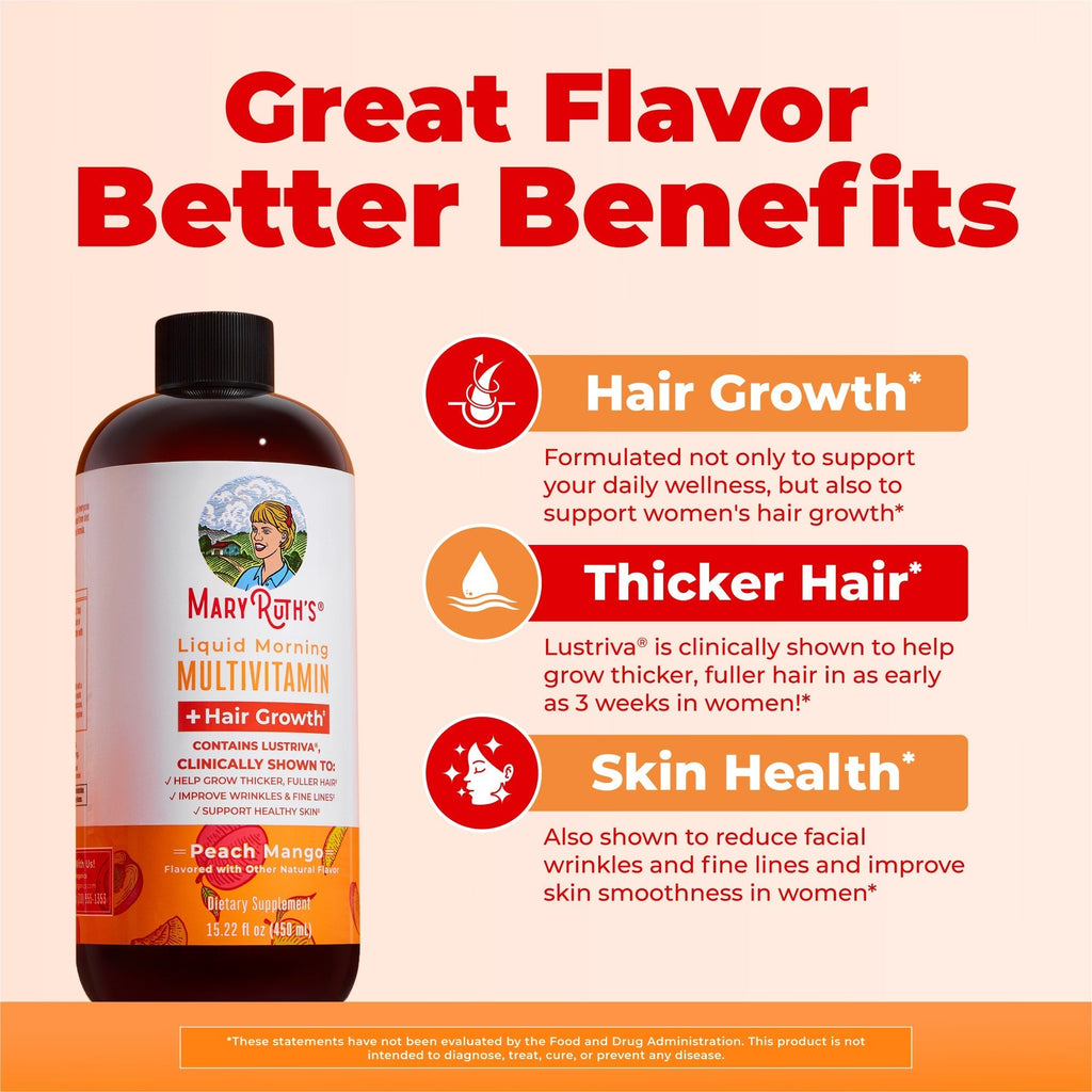 Liquid Morning Multivitamin + Hair Growth 15oz Peach Mango Great Flavor Better Benefits