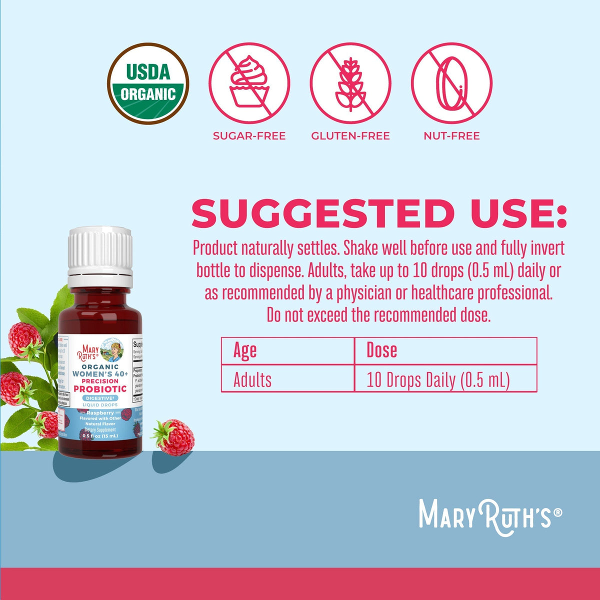 Organic Women's 40+ Precision Probiotic Digestive Liquid Drops 0.5oz Raspberry Suggested Use