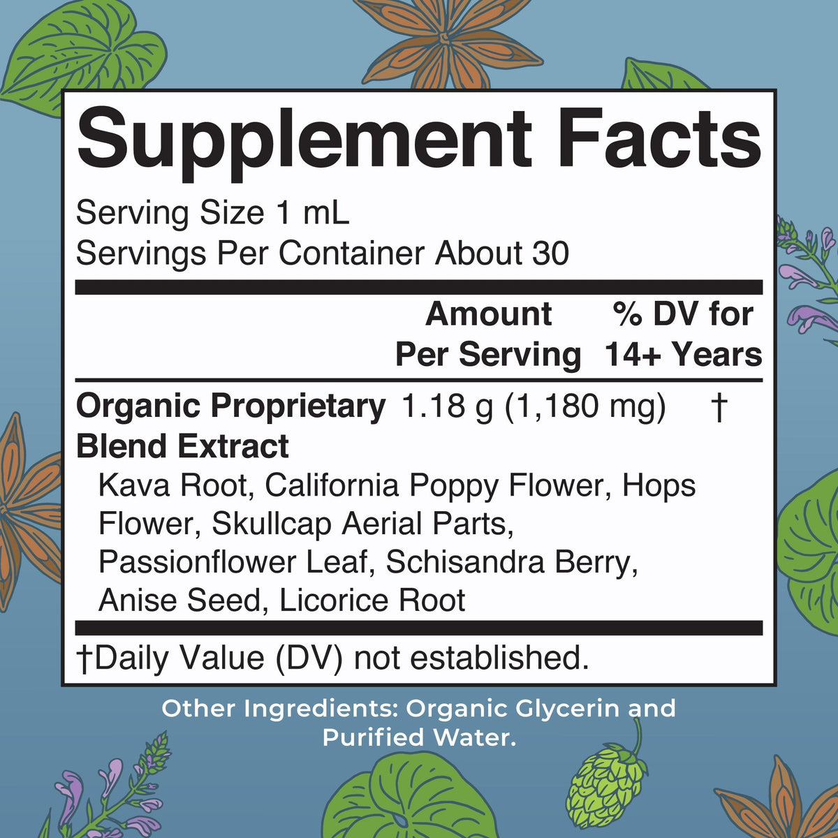 Organic Calming Kava Liquid Drops Supplement Facts