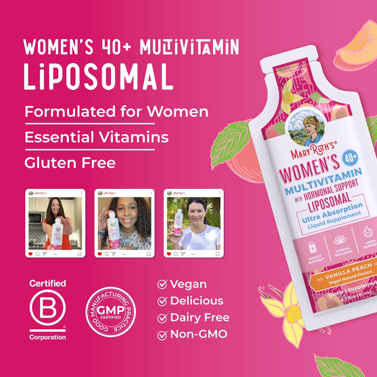 Women's 40+ Multivitamin Liposomal Pouches 0.5oz Vanilla Peach Great Flavor Better Benefits