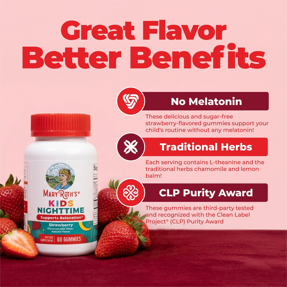 Kids Nighttime Gummies Strawberry 60CT Great Flavor Better Benefits