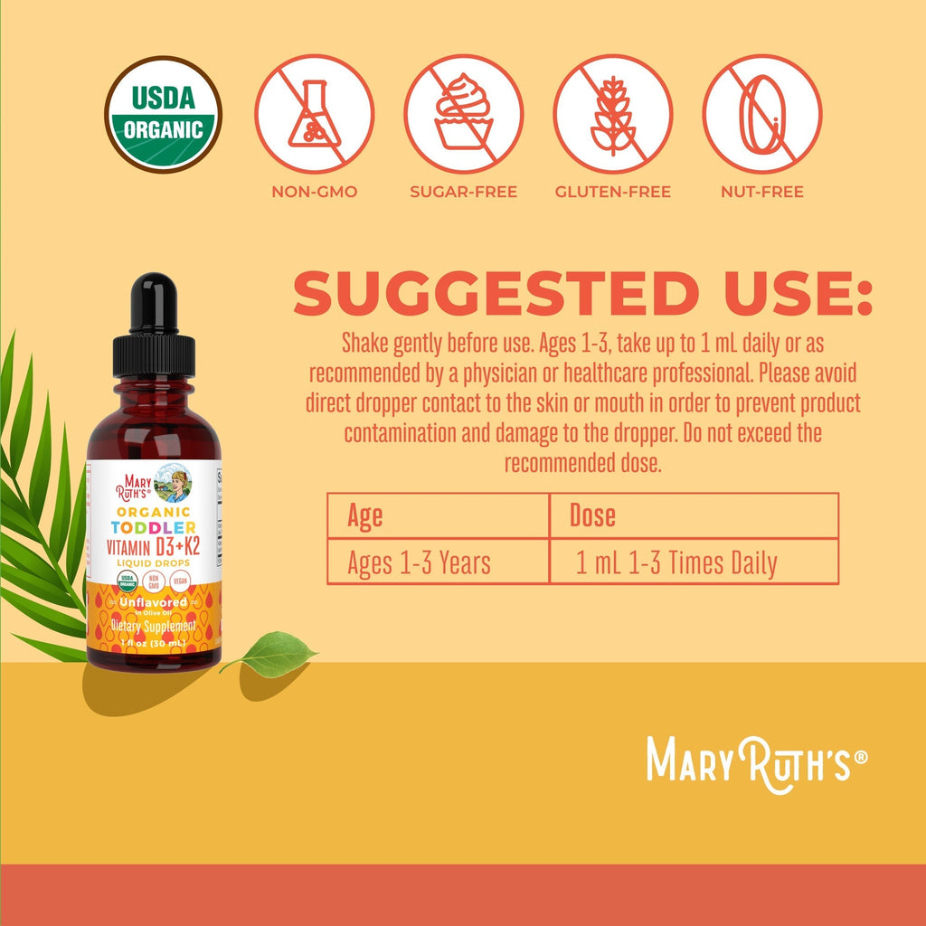 Toddler Vitamin D3+K2 Liquid Drops (Unflavored) 1 oz Suggested Use