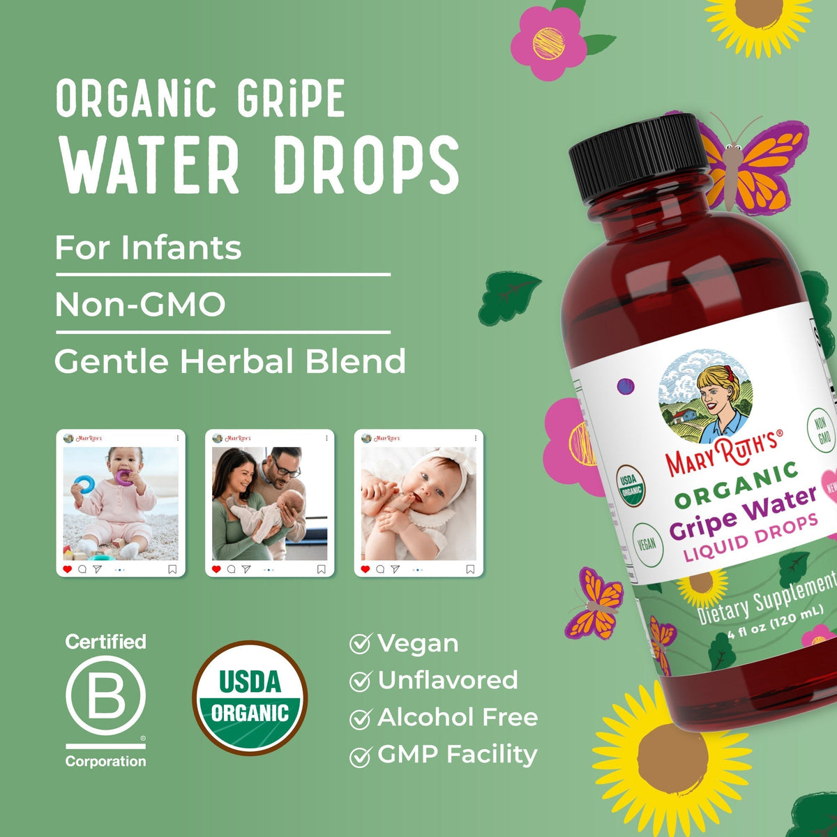 Organic Gripe Water Liquid Drops 4oz Great Flavor Better Benefits