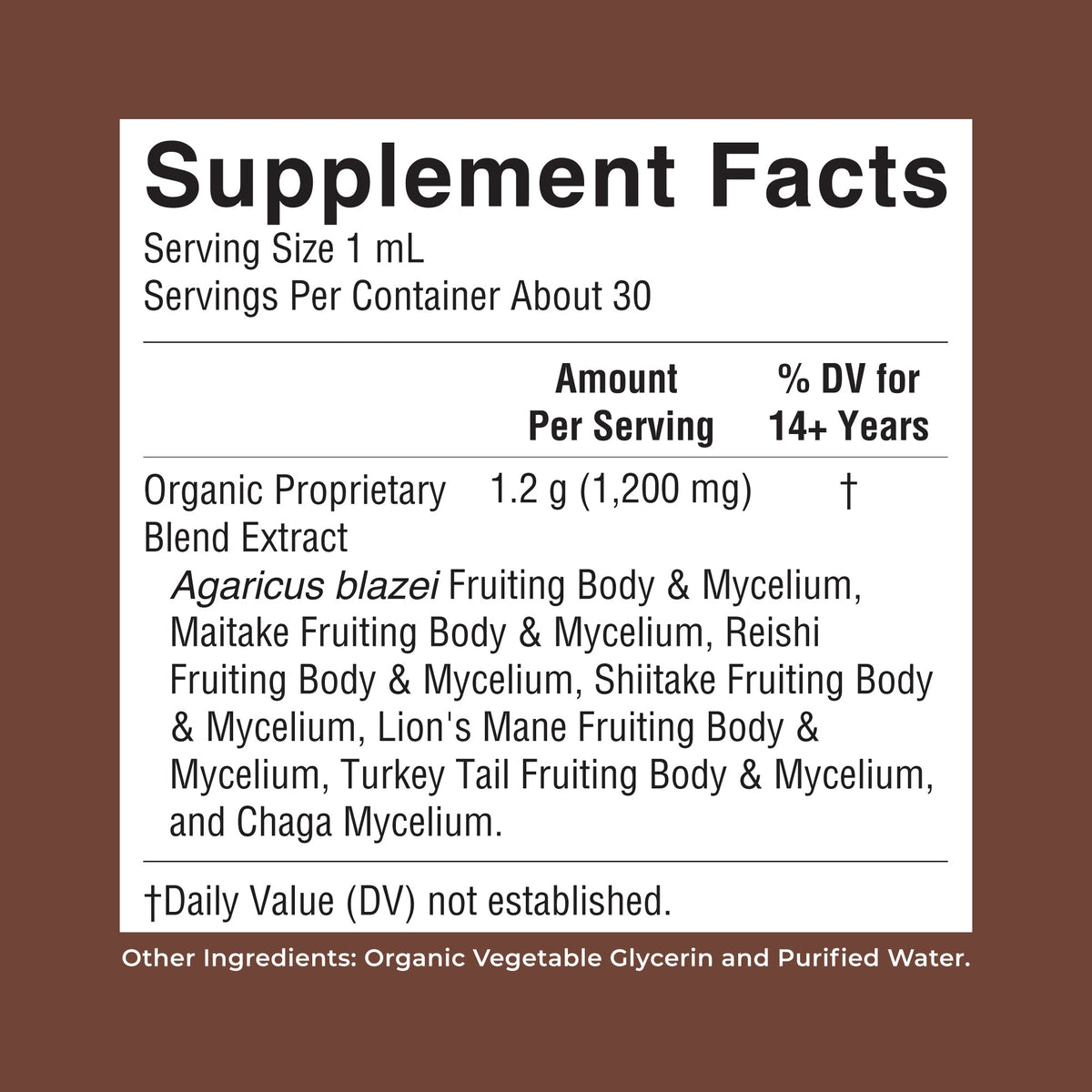 Organic Mushroom Complex Liquid Drops 1oz Supplement Facts