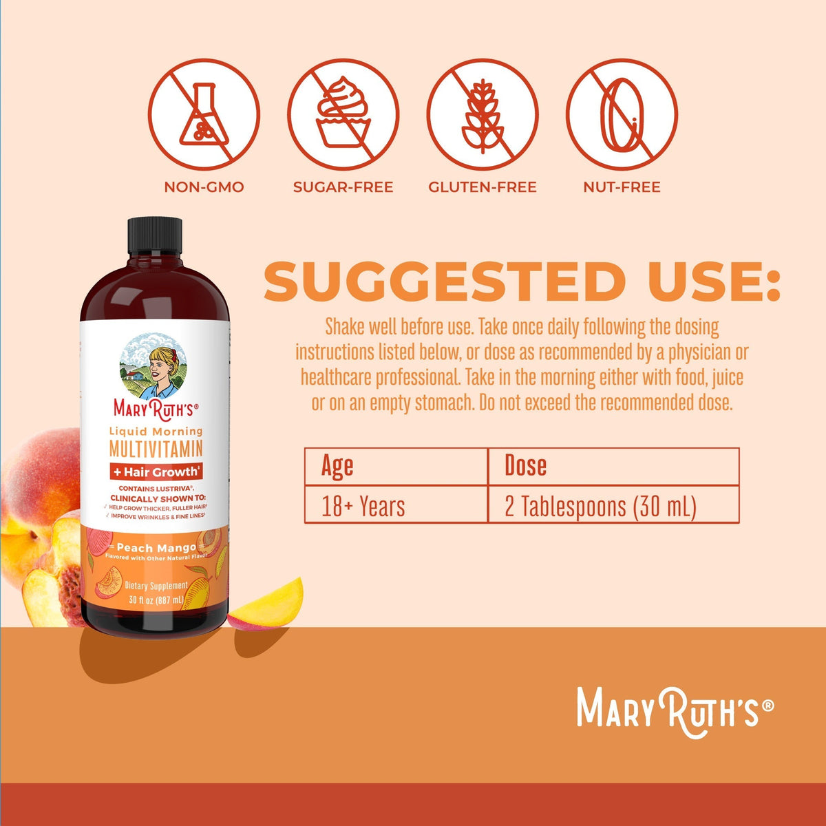 Liquid Morning Multivitamin + Hair Growth 30oz Peach Mango Suggested Use