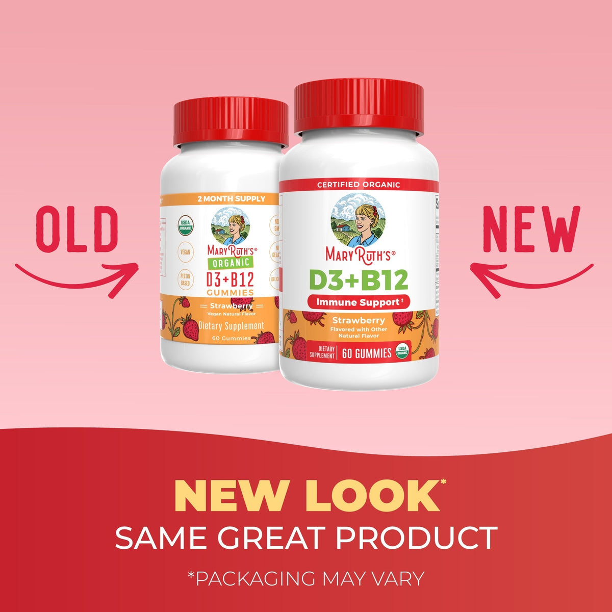 Organic D3 + B12 Gummies 60CT Strawberry New Look Maryruths