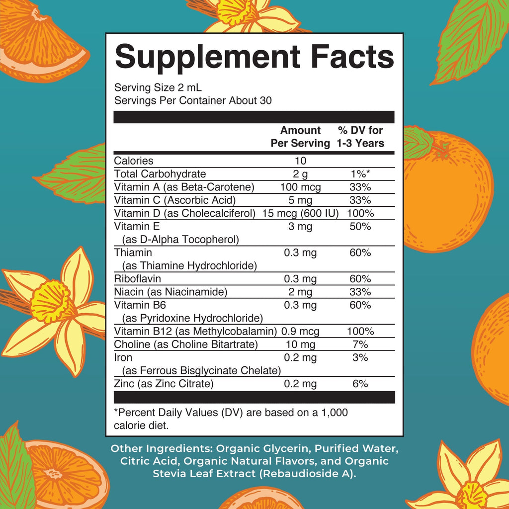 Organic Toddler Multivitamin Liquid Drops With Iron 2oz Orange Vanilla Supplement Facts