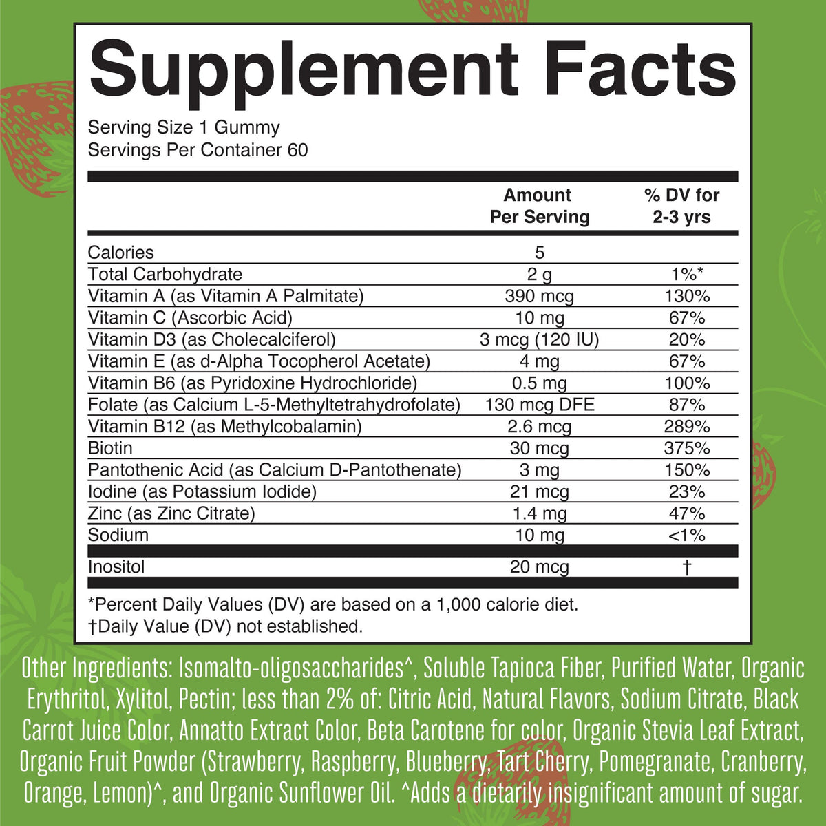 Toddler Multivitamin Gummies 60 Count Supplement Facts