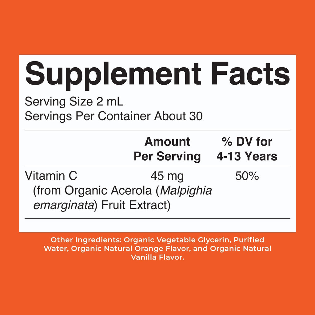 Organic Kids Vitamin C Liquid Drops Orange Vanilla 2oz Supplement Facts