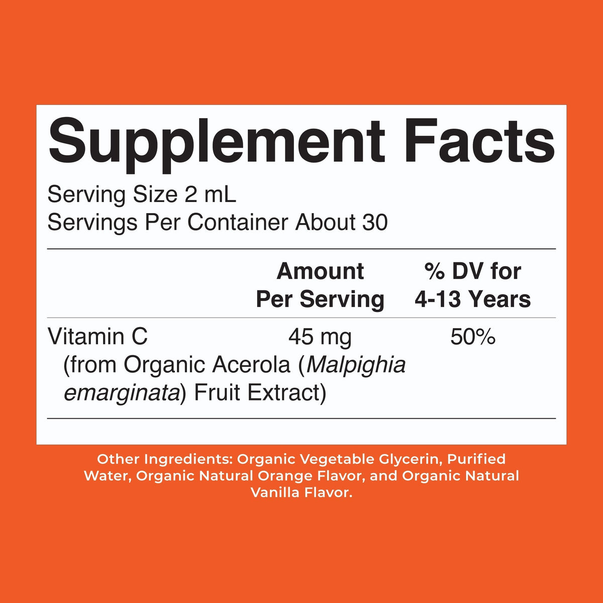 Organic Kids Vitamin C Liquid Drops Orange Vanilla 2oz Supplement Facts