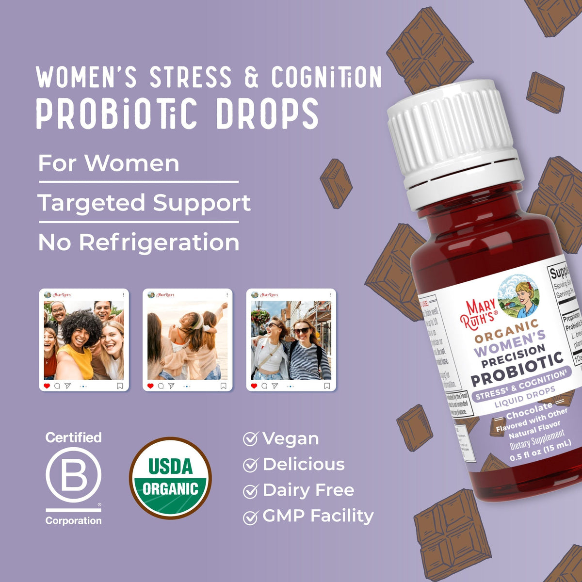 Organic Women's Precision Probiotic Stress & Cognition Liquid Drops 0.5oz Chocolate Great Flavor Better Benefits