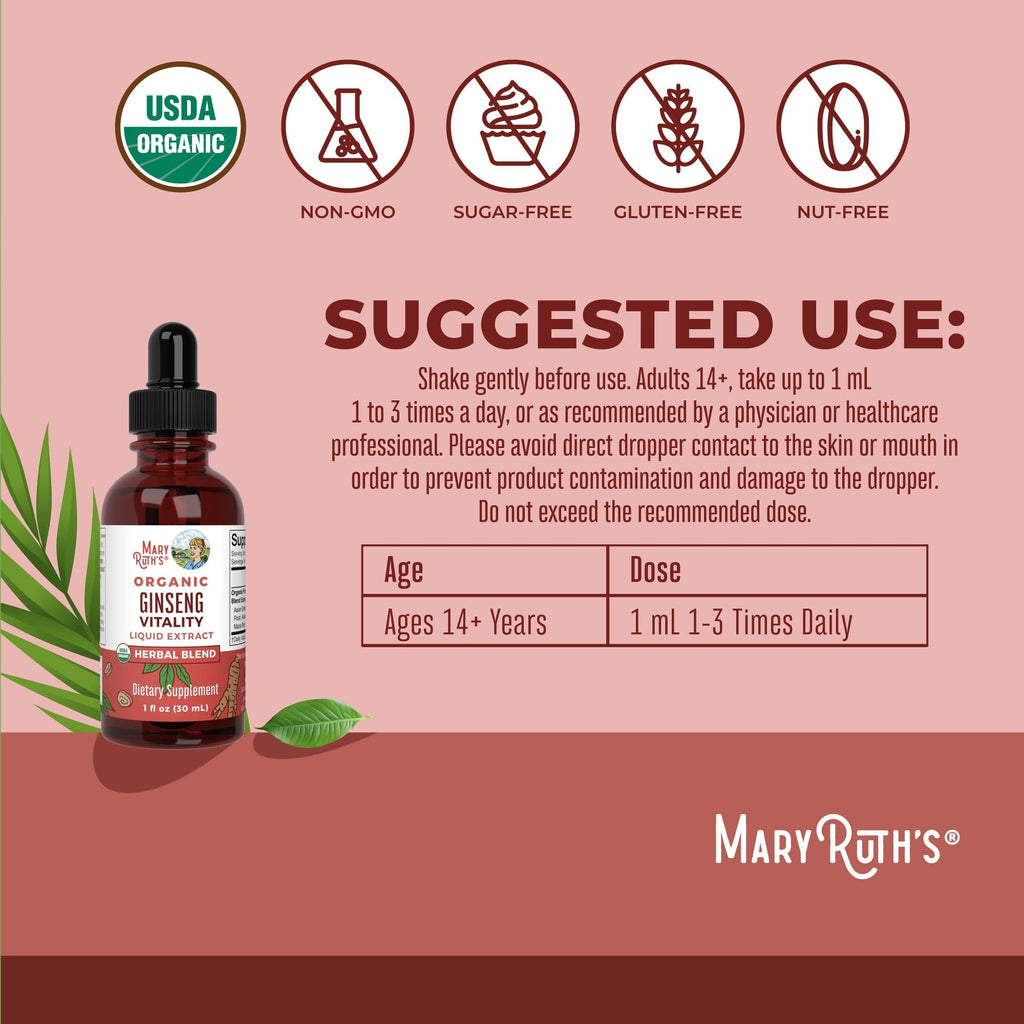 Organic Ginseng Vitality Herbal Blend Liquid Drops Suggested Use