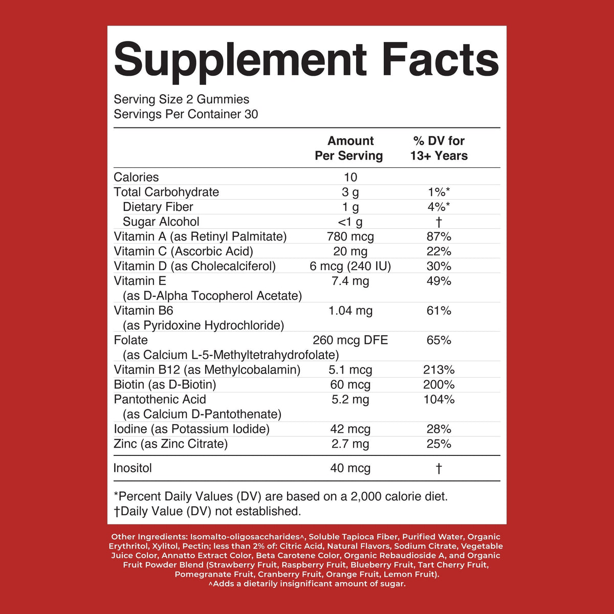 Teen Multivitamin Gummies Strawberry, Papaya, Super Punch 60ct Supplement Facts